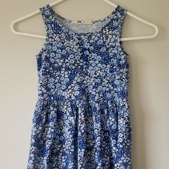 H&M Girl's Size 6-8 Cotton Tank Dress Short Sun Summer Floral White Blue - Picture 1 of 3